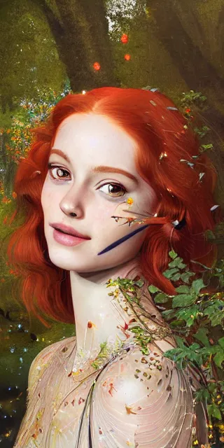 Image similar to young woman, serene smile, surrounded by golden firefly lights, amidst nature fully covered by a intricate detailed dress, long red hair, precise linework, accurate green eyes, small nose with freckles, smooth oval shape face, empathic, expressive emotions, spiritual scene, hyper realistic ultrafine art by artemisia gentileschi, jessica rossier, boris vallejo