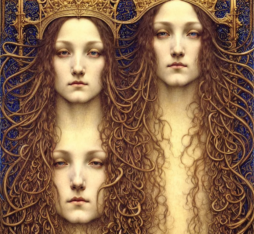 Image similar to detailed realistic beautiful young medieval queen face portrait by jean delville, gustave dore and marco mazzoni, art nouveau, symbolist, visionary, gothic, pre - raphaelite. horizontal symmetry