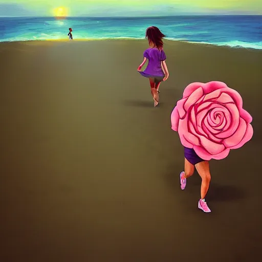 Image similar to portrait, giant rose flower head, girl running at the beach, surreal photography, sunrise, blue sky, dramatic light, impressionist painting, digital painting, artstation, simon stalenhag