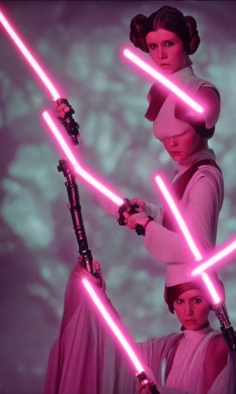 Image similar to Princess Leia wielding a fuchsia light saber, ambient lighting, 8k, 35mm film still from Star Wars