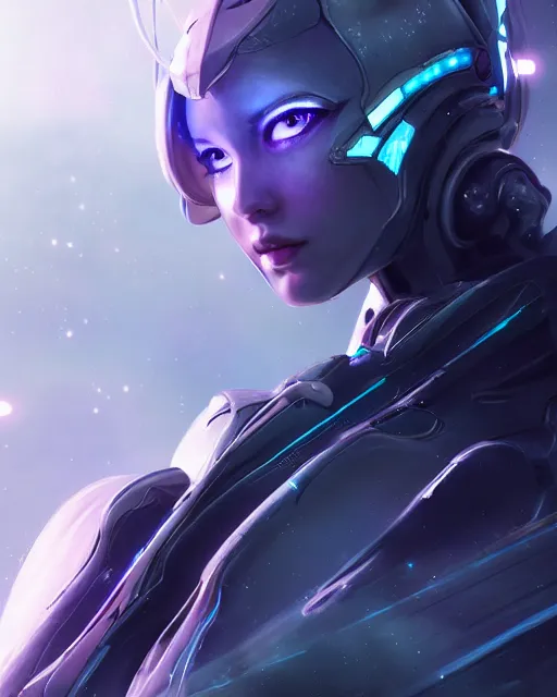 Image similar to perfect android girl on a mothership, warframe armor, beautiful face, scifi, futuristic, galaxy, nebula, raytracing, dreamy, long white hair, blue cyborg eyes, sharp focus, cinematic lighting, highly detailed, artstation, divine, by gauthier leblanc, kazuya takahashi, huifeng huang