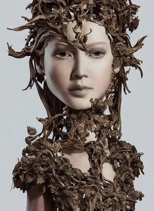 Image similar to sculpture made of wood, portrait, female, future, wood, tree, harper's bazaar, vogue, magazine, insanely detailed and intricate, concept art, close up, ornate, luxury, elite, elegant, trending on artstation, by ruan jia, by Kenneth Willardt, by ross tran, by WLOP, by Andrei Riabovitchev,