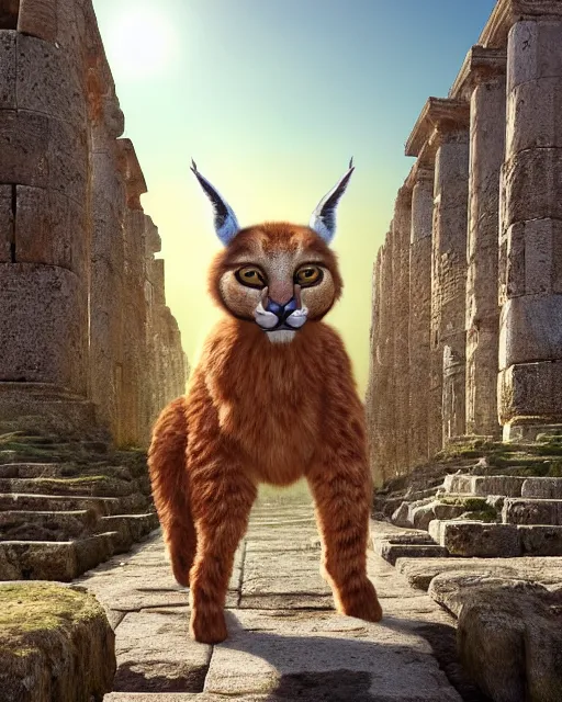 Image similar to fullbody photo of humanoid cute fluffy caracal dressed in toga, sun behind him, ancient greek city, sunny day, by ilya kuvshinov, rtx rendering, octane render 1 2 8 k, maya, extreme high intricate details by tom bagshaw, medium shot, composition by sana takeda, lighting by greg rutkowski