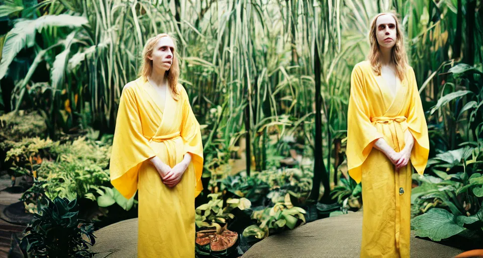 Image similar to Medium format portrait photography of a single elegant woman that look like Brit Marling wearing a yellow kimono in a tropical greenhouse, bokeh