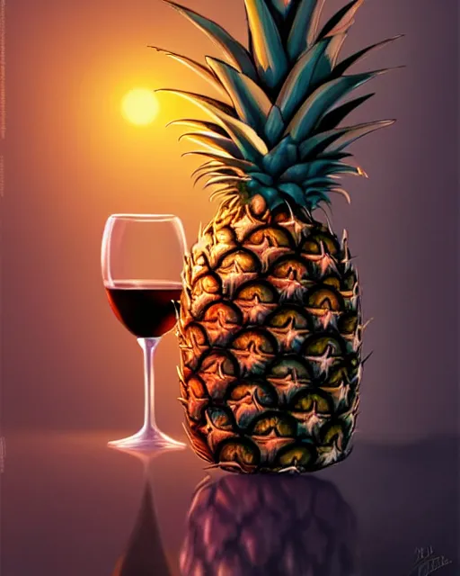 Prompt: a cartoon pineapple holding a large glass of port, nightclub, elegant, real life skin, intricate, high detailed, artstation, concept art, smooth, sharp focus, art by artgerm and greg rutkowski