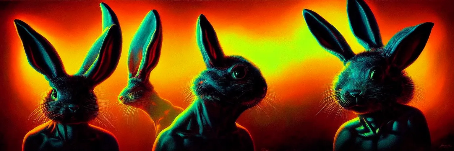 Image similar to strange alien bunny creatures from the depths of the collective unconscious, dramatic lighting, surreal darkly colorful painting by ronny khalil