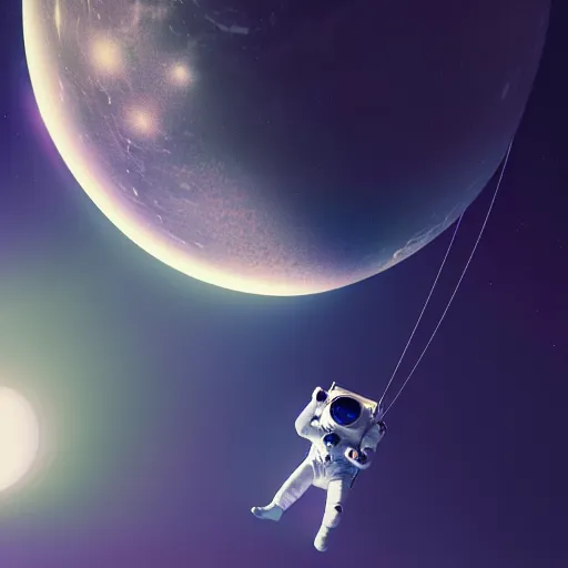 Image similar to an astronaut from the 60s with a tether floating towards the moon, science fiction industrial hard science concept art, 8K render octane high definition cgsociety