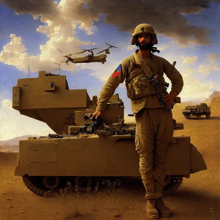 Prompt: portrait of a us soldier in afghanistan, majestic, posing, humvee, drones in the sky, m 1 abrams tank, desert, fine art portrait painting, strong light, clair obscur, by jean honore fragonard, by peter paul rubbens, by bouguereau, by caravaggio, by diego velazquez