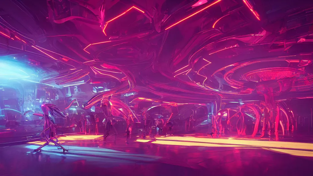 Image similar to sci-fi night club, with exotic female alien gogo dancers dancing on platforms, neon lights, fog, smoke and atmosphere, red tones, bloom, platforms, circular mechanical structures, faceted shapes, contemporary aesthetic, like concept art on artstation, hyperdetailed, octane render, like zaha hadid