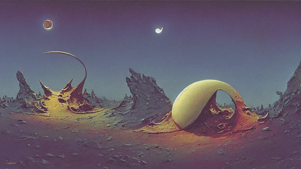 Image similar to mysterious whimsical sculpture of an alien crescent moon by paul lehr and john schoenherr, cinematic matte painting