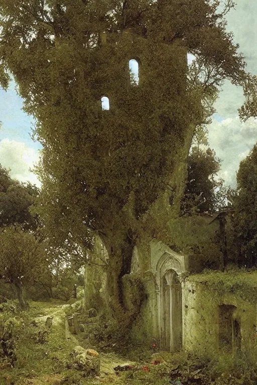 Prompt: abandoned cathedral w/ path that leads to cemetery, dark, overgrown, weeds and wildflowers on the graves, an old twisted tree, a tall stone wall, lawrence alma-tadema