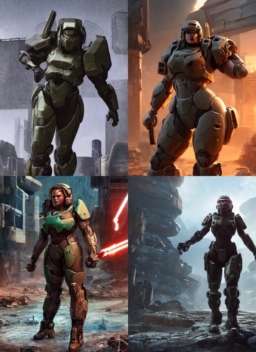 Prompt: a beefy bulky female warrior walking in a cyberpunk wasteland facing the camera, mjolnir armor from halo infinite without a helmet!!!!!!!!!, intricate, female face features!!!!!!!!!!!!!!!!!!!!, 8K, octane render, Digital painting, concept art, illustration, sharp focus, centered, good value control, realistic shading, rational painting, rubber undersuit