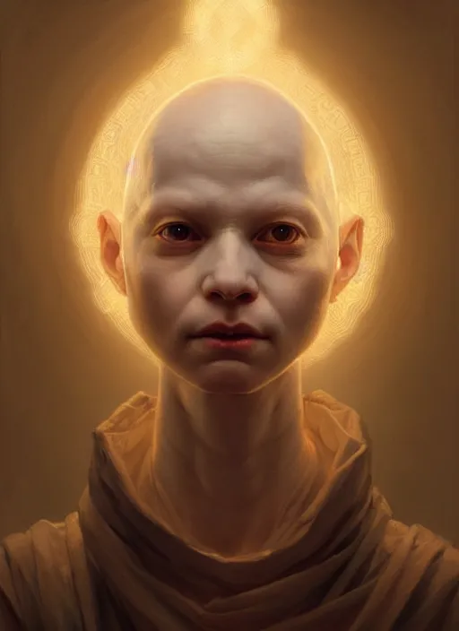 Prompt: portrait of an albino bald sick child oracle, ancient oracle, intricate, elegant, glowing lights, highly detailed, digital painting, artstation, concept art, smooth, sharp focus, art by wlop, mars ravelo and greg rutkowski