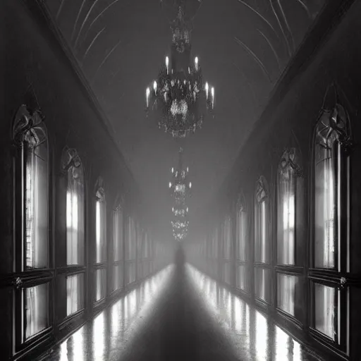 Image similar to a long hallway of mirrors. victorian interior, with many mirrors, elegant design, haunting atmosphere, dark lighting, gothic, horror style, scary, swirling fog, volumetric lighting, by greg rutkowski, realistic, dutch angle,