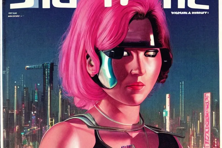 Image similar to 1979 OMNI Magazine Cover of woman with shiny Chrome face with Pink hair. neo-Tokyo streets behind her. in cyberpunk style by Vincent Di Fate