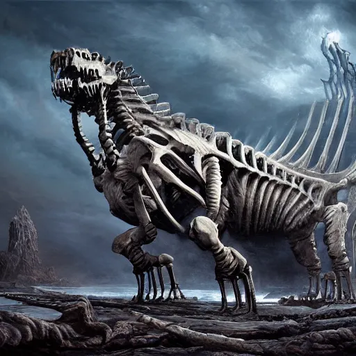 Image similar to skeleton of a colossal ancient beast laying in a dried ocean, by Andreas Rocha + Ted Nasmith, dark, epic, masterpiece, highly detailed, 8k resolution, trending on art station