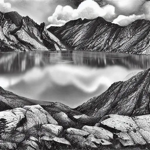 Image similar to lago di sorapis, hyper - realistic black and white drawing, hyper detailed, extreme long shot, in the style of den yakovelv