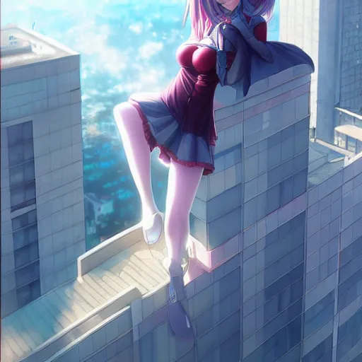Image similar to giant 50 foot tall anime girl sitting on a building by wlop