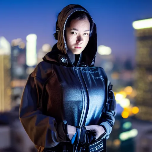 Image similar to photographic portrait of a techwear woman, closeup, on the rooftop of a futuristic city at night, sigma 8 5 mm f / 1. 4, 4 k, depth of field, high resolution, 4 k, 8 k, hd, full color