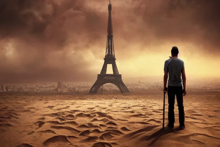 Prompt: a man in the desert looking at the summit of the Eiffel Tower emerging from the sand by Jonas De Ro, digital painting, atmospheric, sand, stormy horizon