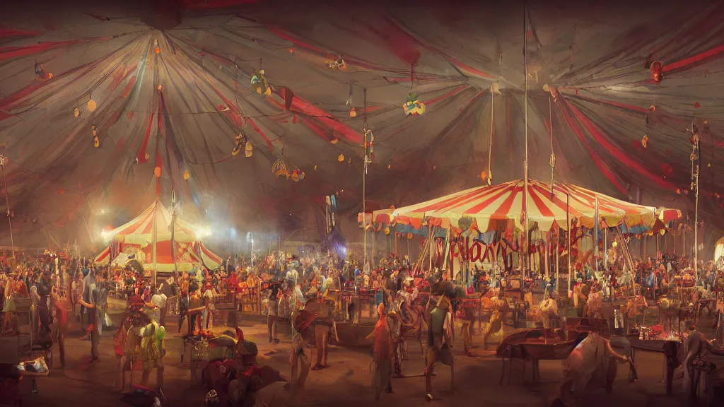 Prompt: of a gang of circus clowns, drinking alcohol, inside a circus tent, matte painting, concept art, 4K