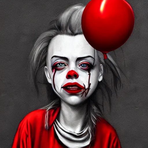 Image similar to surrealism grunge cartoon portrait sketch of billie eilish with a wide smile and a red balloon by - michael karcz, loony toons style, pennywise style, horror theme, detailed, elegant, intricate