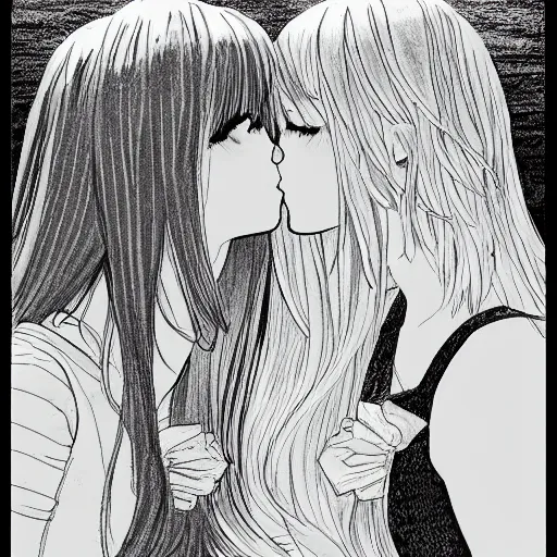 Image similar to portrait of two girls kissing, detailed manga art