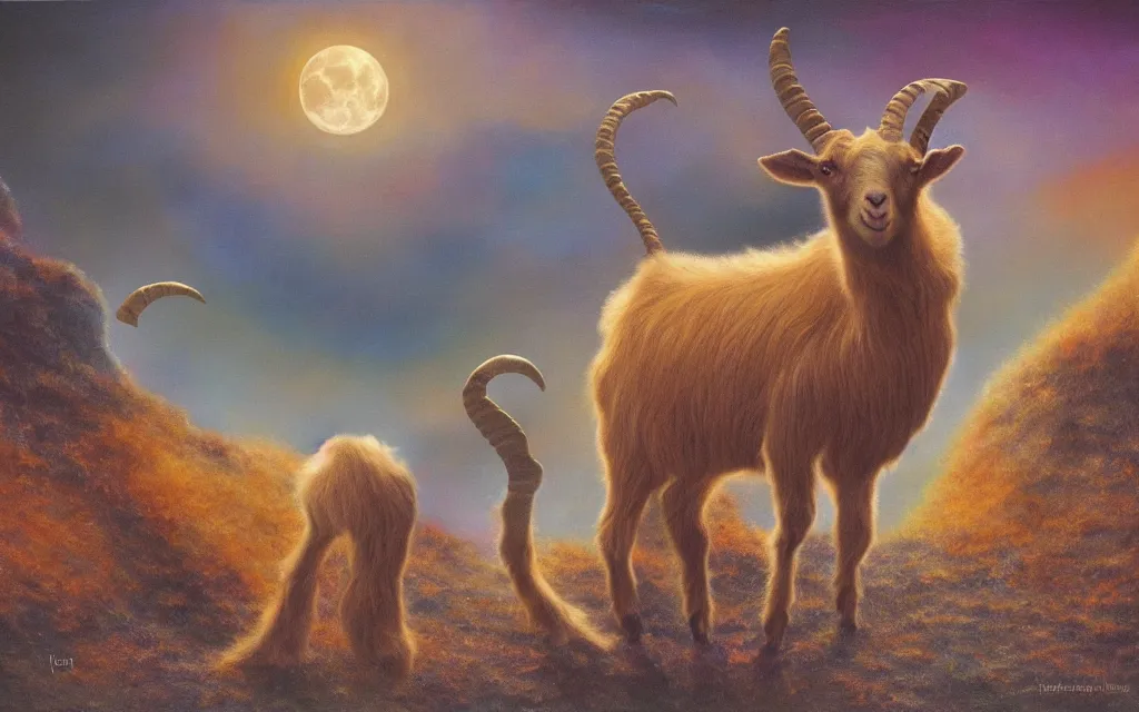 Image similar to satanic goat golden fur in silver desert at night (ethereal) (iridescent), award winning oil painting, lunar color palette