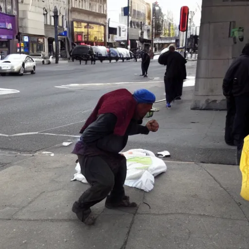 Prompt: homeless man fighting barney