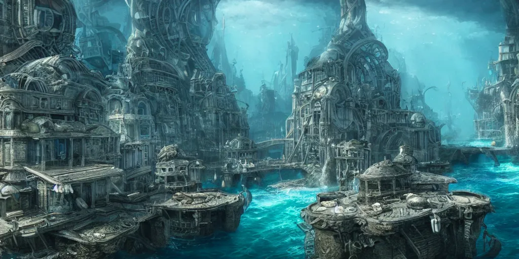 Image similar to ultra realistic underwater city, style epic, insanely detailed, style of, role thomas style ocatne render, artstation trend, epic art style, giovanni paolo panini, cinematic, concept art, 8 k hd