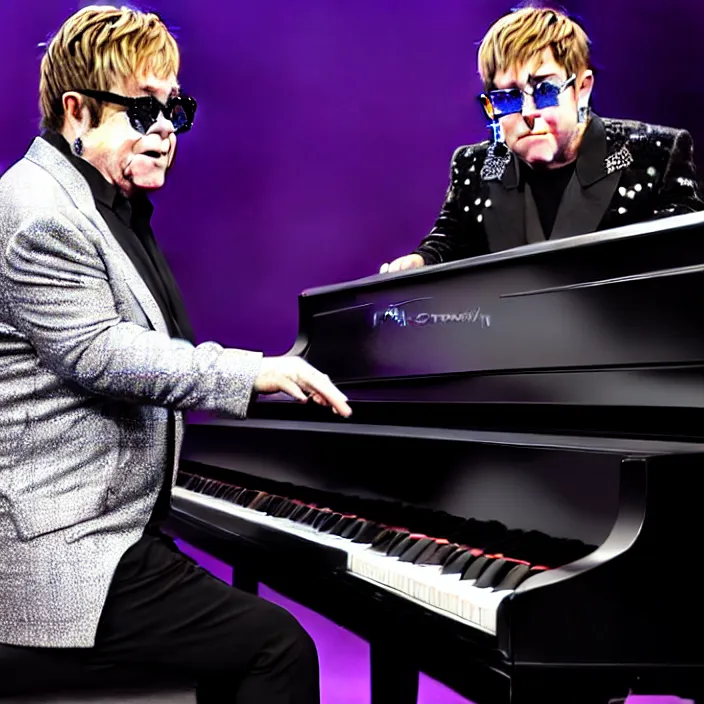 Image similar to hyper realistic, high detail photo of elton john and billy joel playing the piano, beautiful, dreary lighting