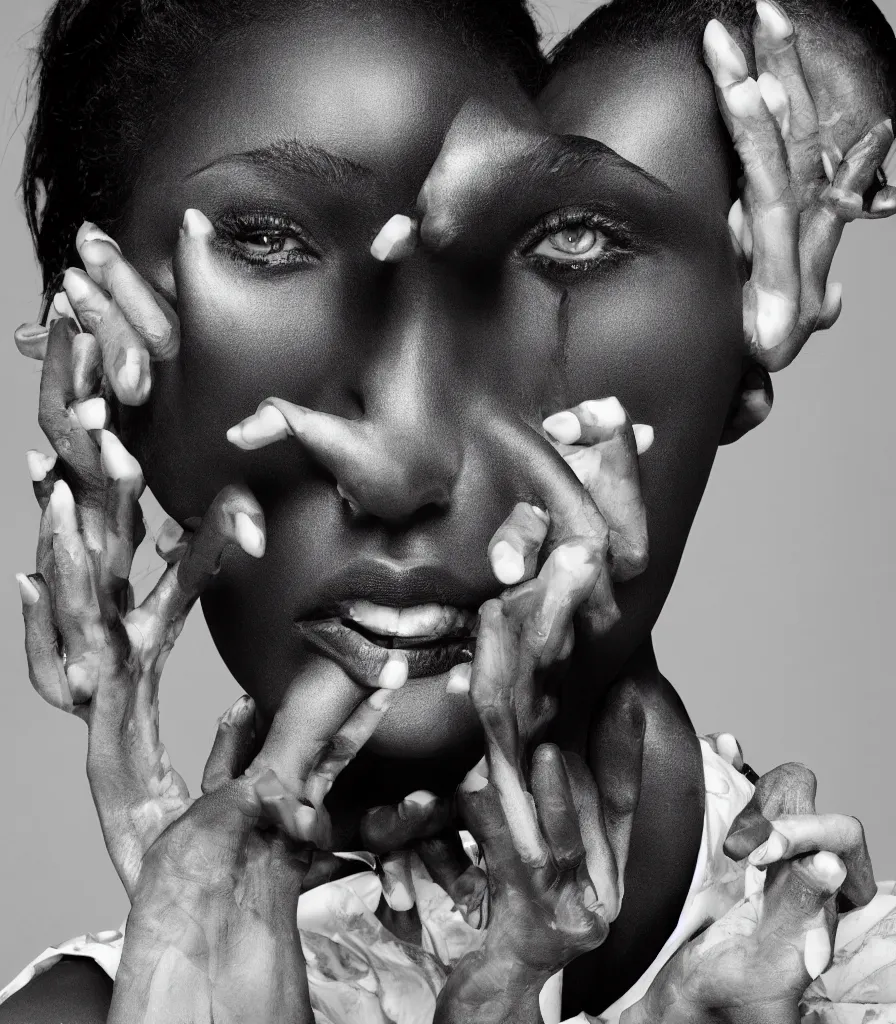 Image similar to fashion portrait, face, black model, studio photography by David LaChapelle, looking at camera, high contrast, photorealism