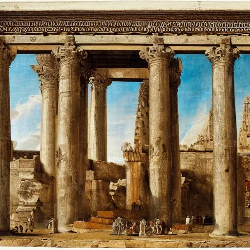 Prompt: A view ofthe gateway tothe Great Temple at Baalbec,by Paolo Veronese