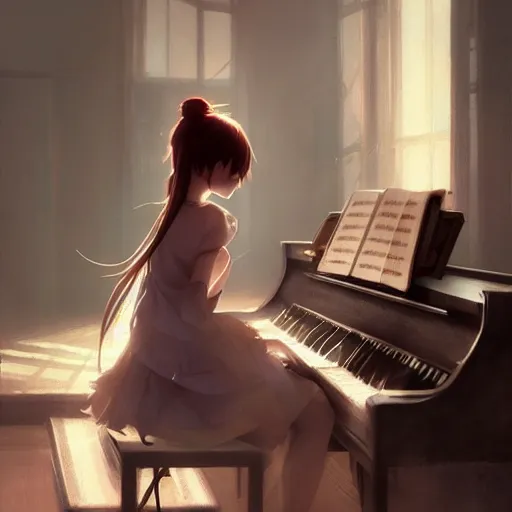 Image similar to anime girl Playing the Piano instrument , digital Art, Greg rutkowski, Trending cinematographic artstation