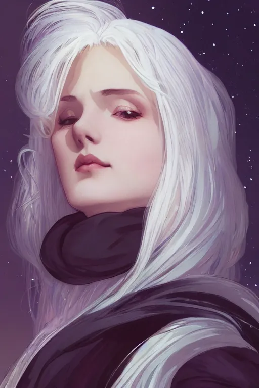 Prompt: white hair, portrait, girl, moon background, night, high detail, concept art, digital art, illustration, smooth, sharp focus, art of alphonse mucha, trending on artstation, trending on deviantart,