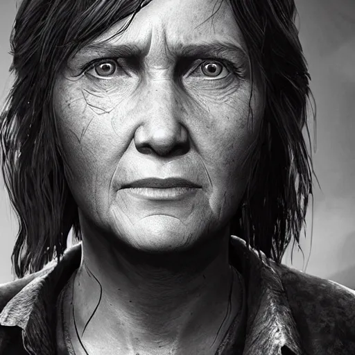 Image similar to an amazing portrait photo of Ellie from The last Of Us as an old retired woman, award winning photo, very detailed, cinematic, beautiful lighting effects