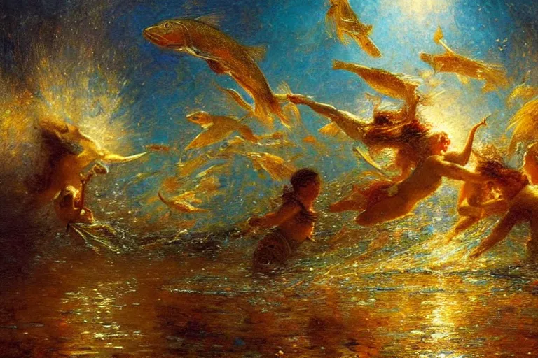 Image similar to portrait of goldfishes swarming the ocean. shadow and light. rays of light. energetic, dynamic, lively, detailed, intricate, complex. fine art by gaston bussiere.