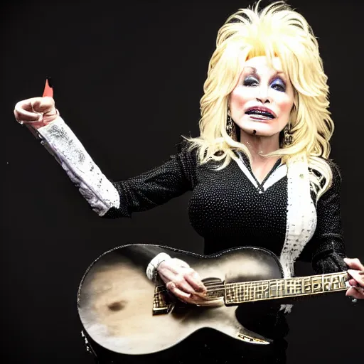 Prompt: Dolly Parton with black metal corpse paint on her face and playing an electric guitar, 8k, dslr, cinematic,