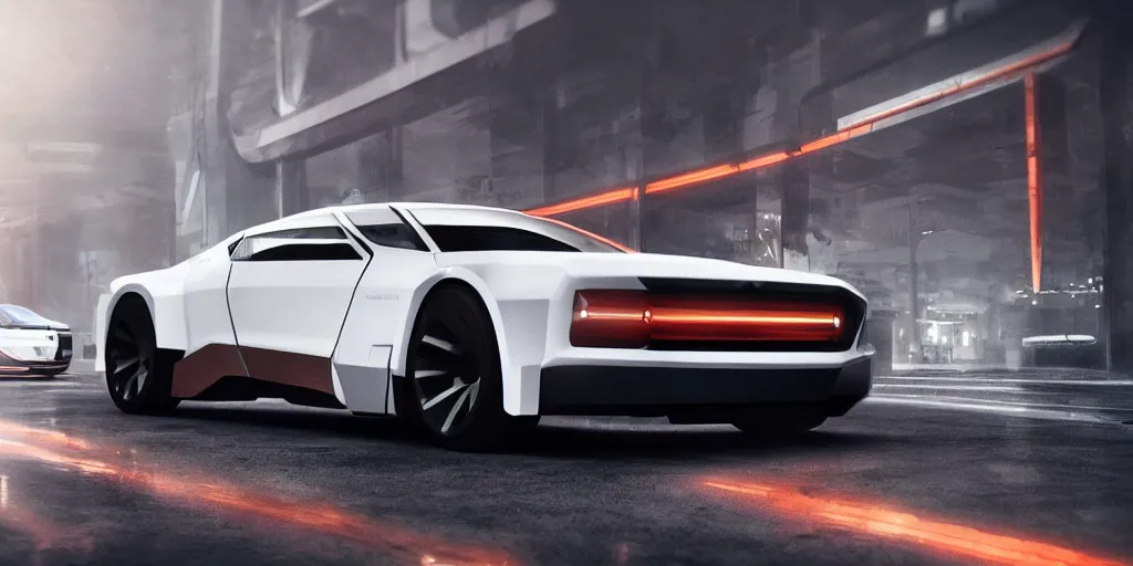 Image similar to a design of a futuristic DMC Delorian, designed by Polestar, blade runner background, front and back view, rose copper car paint with white line accent detailing, black windows, sportscar, dark show room, dramatic lighting, hyper realistic render, depth of field