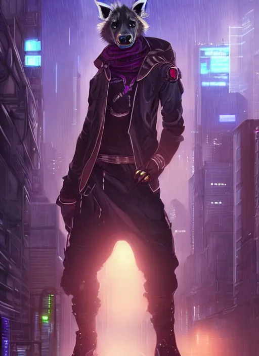 Image similar to beautiful portrait commission of a male furry anthro hyena fursona wearing cyberpunk jedi robes in a cyberpunk city at night in the rain. character design by charlie bowater, ross tran, artgerm, and makoto shinkai, detailed, inked, western comic book art