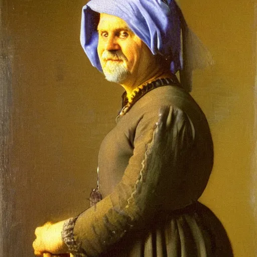 Prompt: detailed portrait of billy connolly as an 1890s milkmaid painted by vermeer