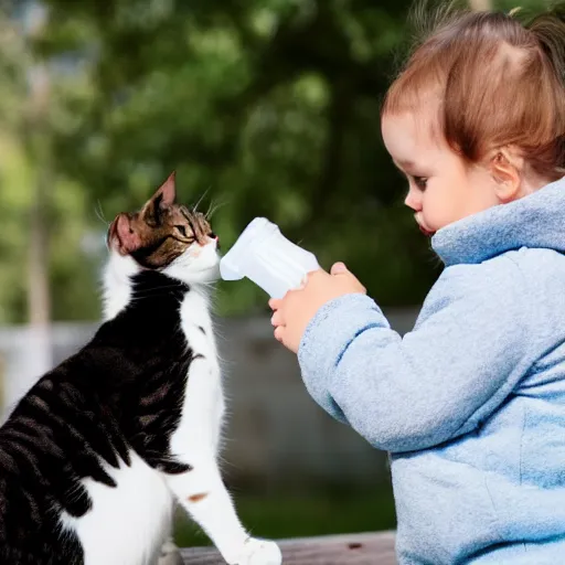 Prompt: human giving milk bottle to a cat