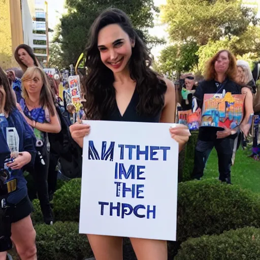 Image similar to Gal Gadot holding a sign that says M I T C H I E P O O !!!! as painted by Ralph Horsley