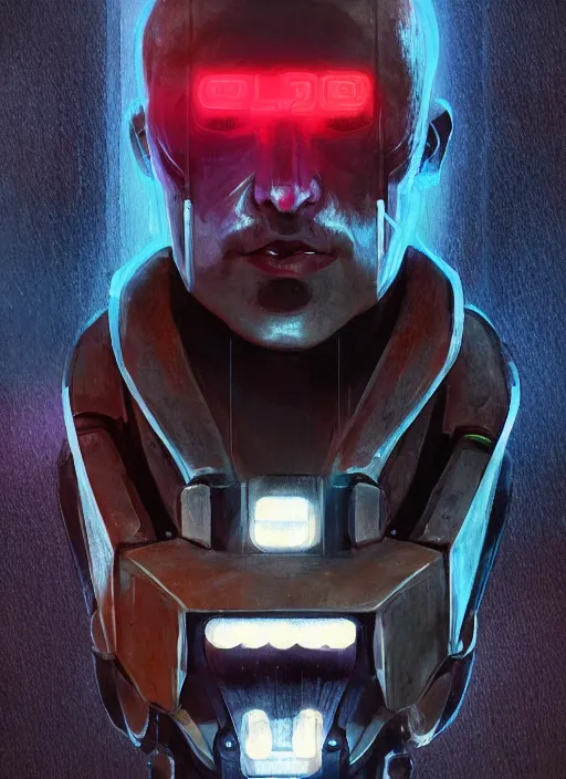 Image similar to bladerunner, cyberpunk, angled facial portrait of a bone ceramic caliente mech humanoid robot Spanish ninja with an attractive bald head and handsome features, large glowing eyes, macho, piroca, dotado, guapo, reflective surface, overwatch, trending on cgsociety, trending on artstation