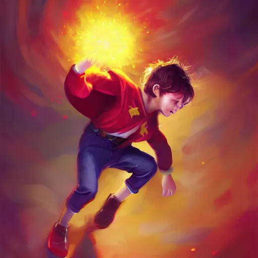 Image similar to colorful and festive captivating young child boy, brown fluffy hair, wearing red and yellow hero suit, shooting a yellow energy sphere out of his fist. full body, rich vivid colors, ambient lighting, dynamic lighting, 4 k, atmospheric lighting, painted, intricate, highly detailed by charlie bowater