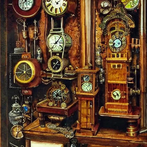 Image similar to interior of a steampunk clock shop, father time, wooden grandfather clocks everywhere, realistic, very intricate hyper detailed masterpiece by max ernst