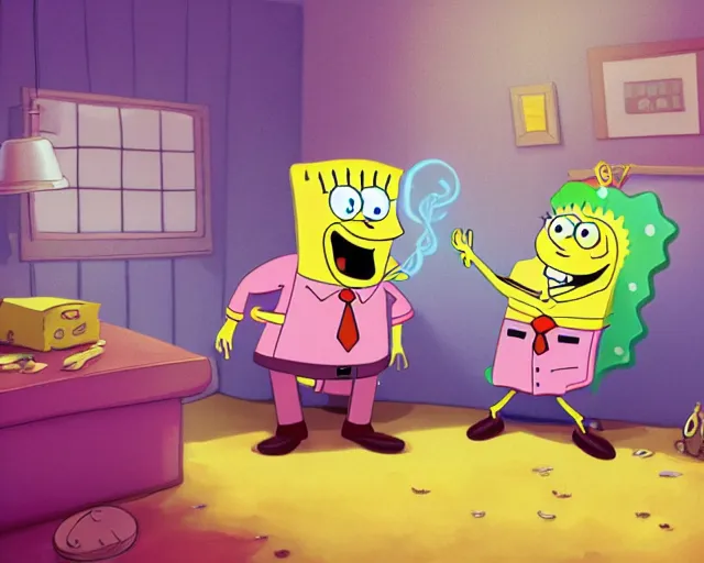 Prompt: spongebob and patrick star smoking weed in patrick star's house, digital art, artstation, amazing detail