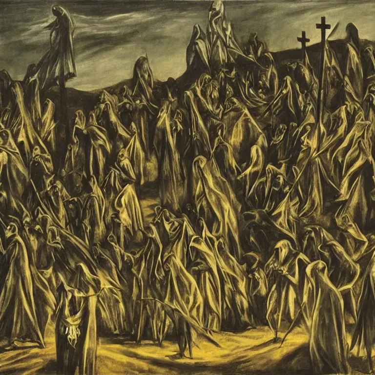 Image similar to A Holy Week procession of grim reapers in a lush Spanish landscape at night. A hooded figure at the front holds a cross. El Greco, Remedios Varo, Carl Gustav Carus, Edward Hopper.