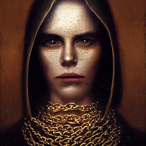 Image similar to a portrait of a young woman wearing a long dark cloak, hood and shadows covering face, holding golden chains, oil painting, matte painting, black background, Volumetric Golden dappled dynamic lighting, Highly Detailed, Cinematic Lighting, Unreal Engine, 8k, HD, by Beksinski