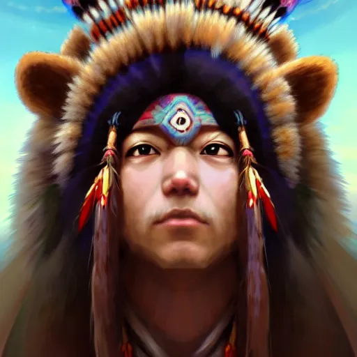 Image similar to anime portrait of a American native shaman wearing a bear headdress by Stanley Artgerm Lau, WLOP, Rossdraws, James Jean, Andrei Riabovitchev, Marc Simonetti, and Sakimichan, trending on artstation